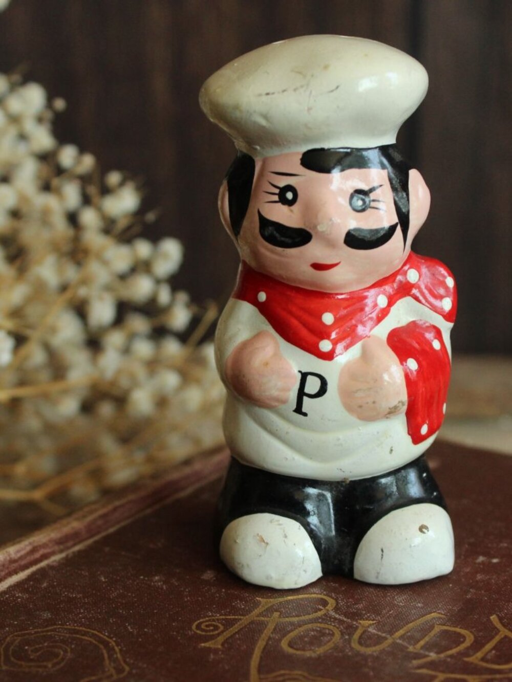 Vintage 1950s Pepper Shaker, Chef Red Black and White S & P,  Salt Collectible K